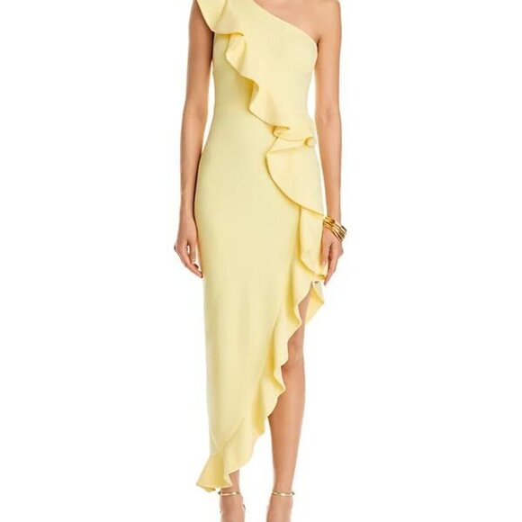 AQUA One-Shoulder Yellow Scuba Crepe Ruffle Maxi Dress NWT Size 2 - Picture 6 of 7